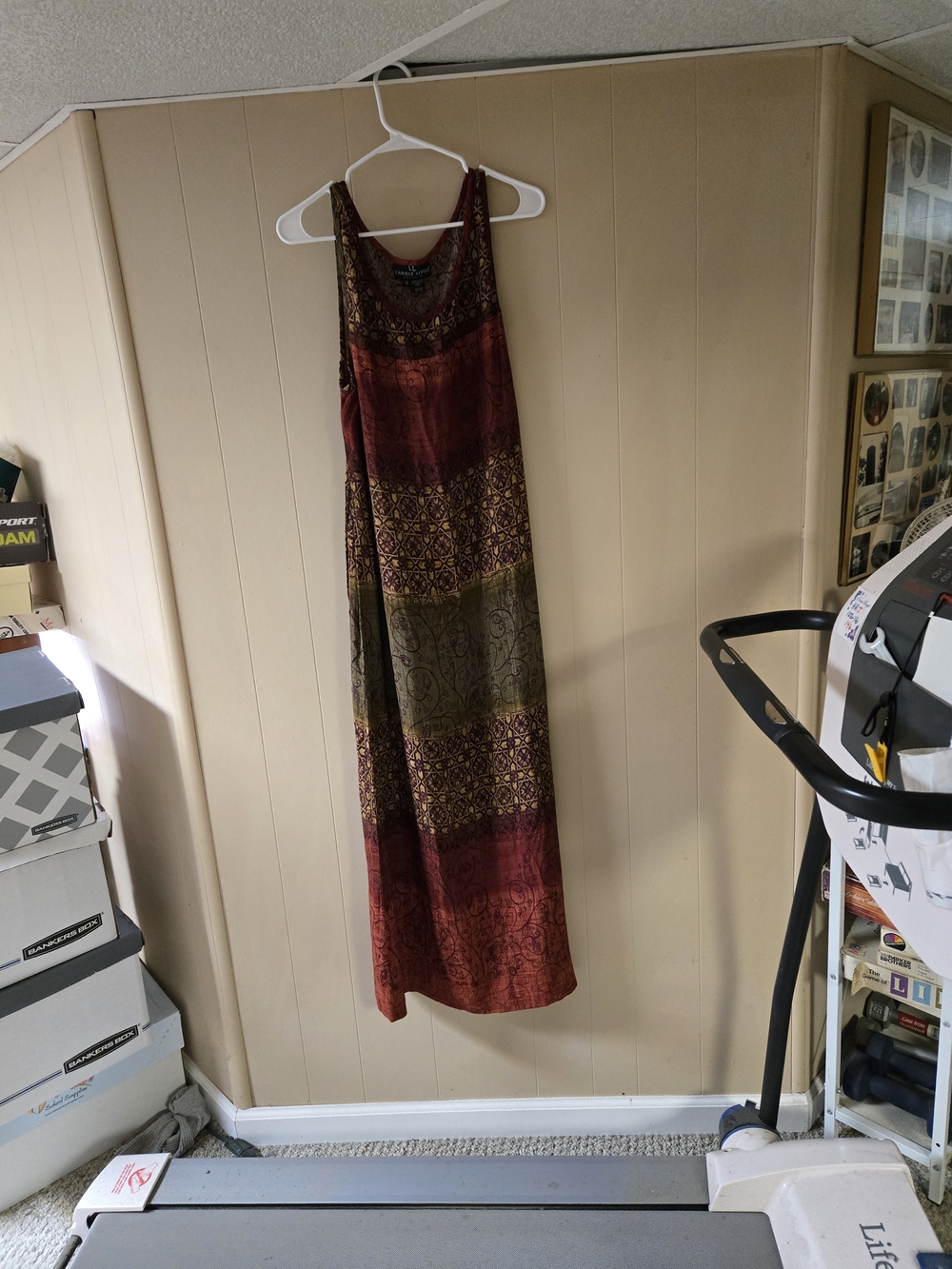 Women's Carole Little Sleeveless Maxi Dress in Rust and Olive.